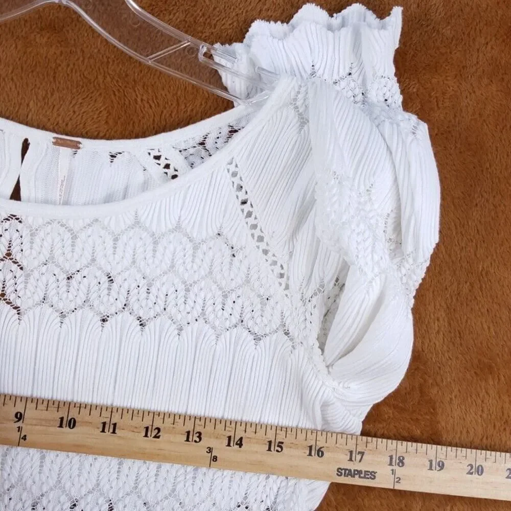 FREE PEOPLE Womens Top Small White Pullover Peplum Sheer Stretch FIRE ISLAND